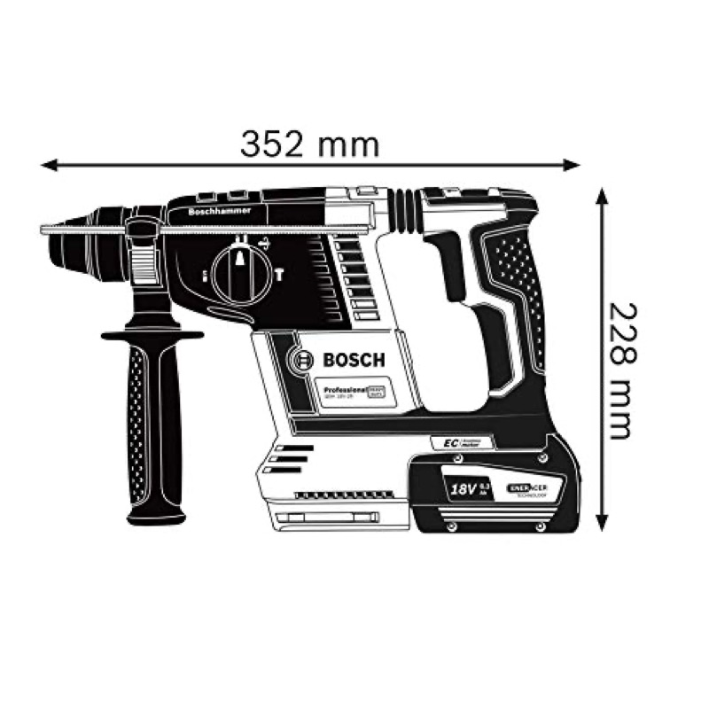 Cotes du Bosch GBH 18V-26 : 352 mm de longueur, 228 mm de hauteur