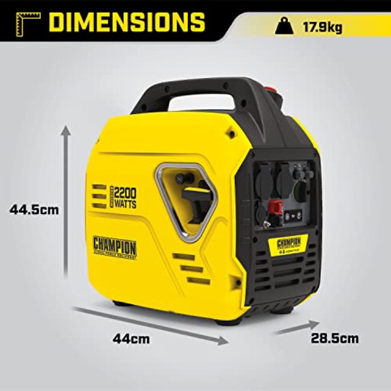 Champion 2200i dimensions: 44 × 28.5 × 44.5 cm, 17.6 kg