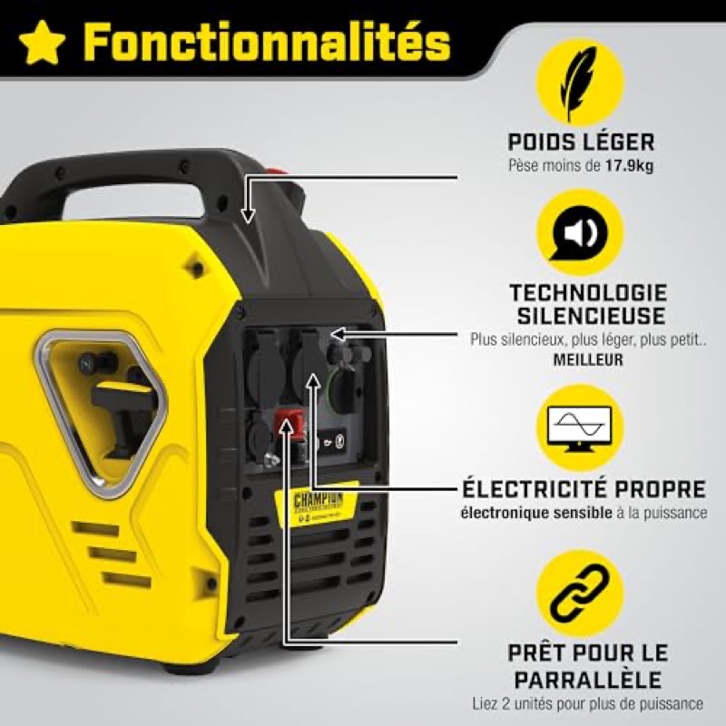 Stated features of the Champion 2200i: weight, quiet running, clean power, parallel capable