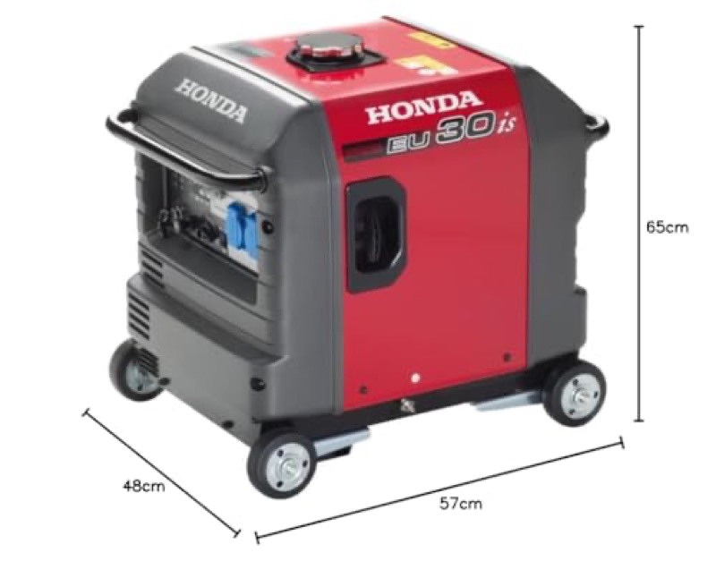 Honda EU30is with its dimensions: 65 cm high, 57 cm long