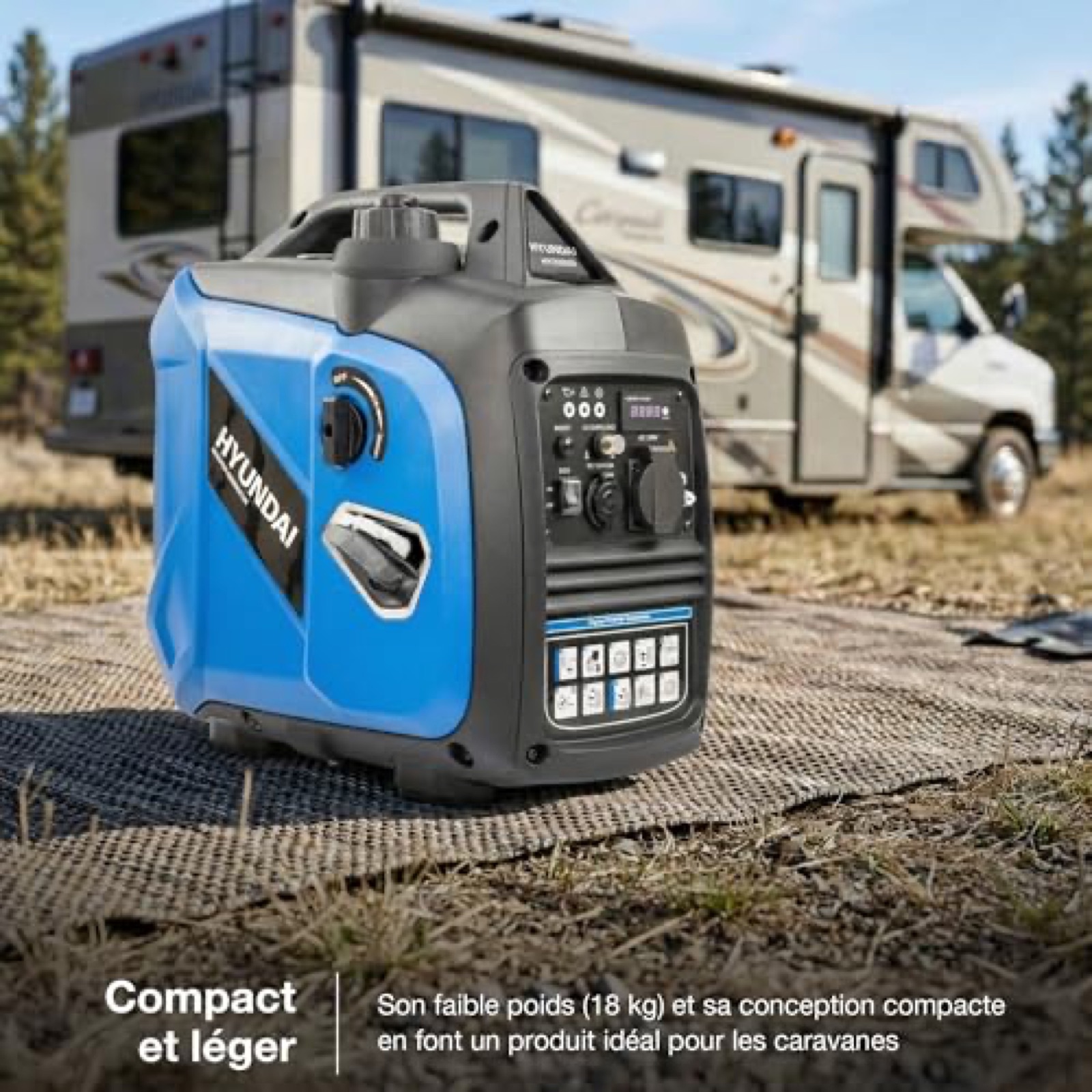 Hyundai 2000 W generator set down in front of a motorhome