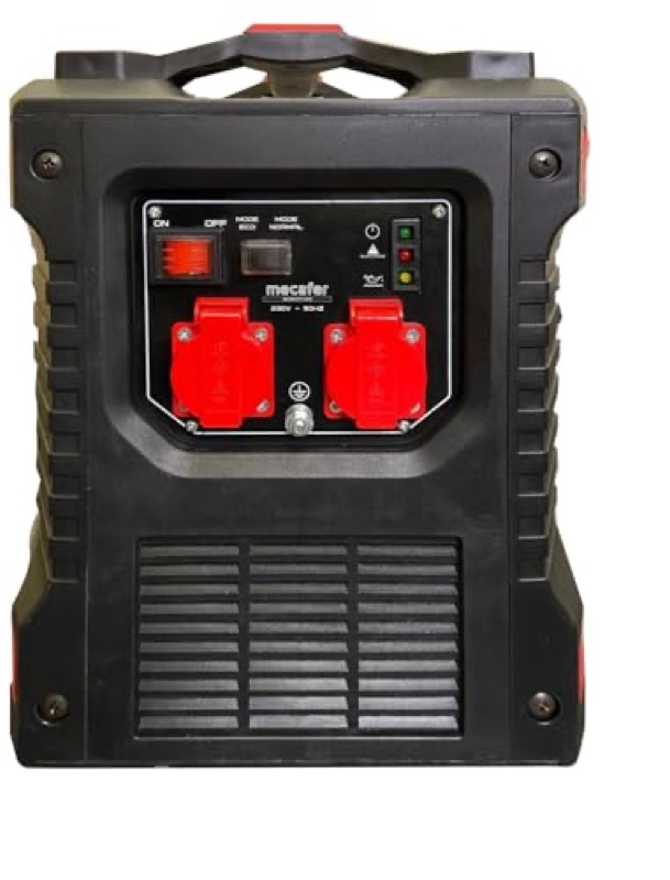 Front of the Mecafer MF2000i: two 230 V sockets and the control panel