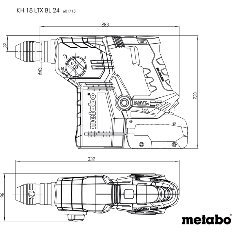 Plan côté du Metabo KH 18 LTX BL 24, vues de côté et de dessus